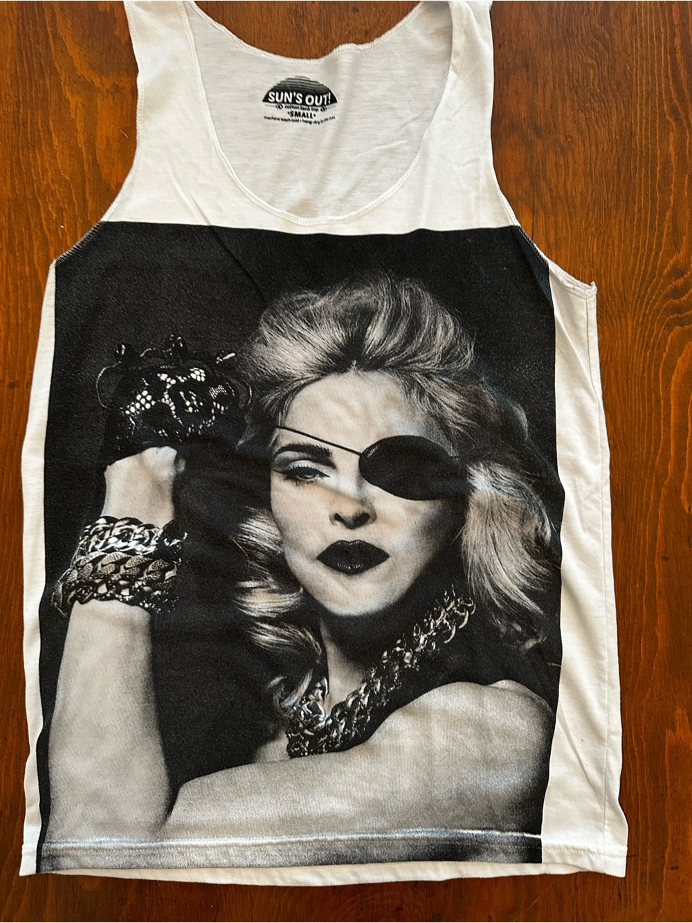 White Graphic Scoop Neck Tank Top with Bold Monochrome Portrait